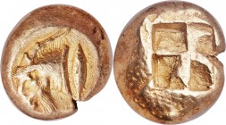 MYSIA. Cyzicus. Ca. 550-450 BC. EL stater (20mm, 16.12 gm). NGC Choice VF 4/5 - 5/5. Head of male billy goat left with long beard, tunny fish upwards ...