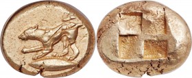 MYSIA. Cyzicus. Ca. 500-450 BC. EL stater (20mm, 15.78 gm). NGC XF 3/5 - 5/5, die shift.  Hound pointing left, right fore-paw pointing forward, tail h...
