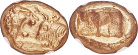 LYDIAN KINGDOM. Croesus (ca. 561-546 BC). AV stater (16mm, 8.10 gm). NGC MS 4/5 - 5/5. Sardes, "Light" standard, ca. 553-539 BC. Confronted foreparts ...