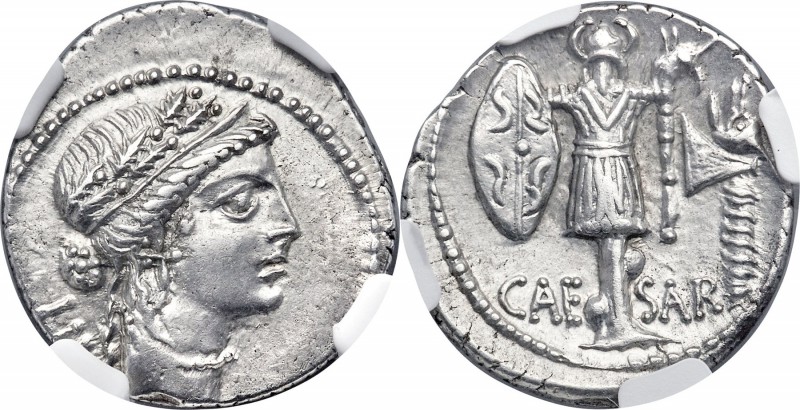Julius Caesar, as Dictator (49-44 BC). AR denarius (20mm, 3.77 gm, 11h). NGC AU ...