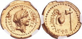 Julius Caesar, as Dictator (49-44 BC). AV aureus (20mm, 8.12 gm, 5h). NGC AU 5/5 - 2/5, brushed, scuff. Rome, struck by Aulus Hirtius, 46 BC. C•CAESAR...