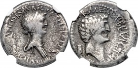 Cleopatra VII of Egypt and Marc Antony, rulers of the East (37-31 BC). AR denarius (18mm, 3.41 gm, 12h). NGC Choice Fine 4/5 - 3/5, bankers mark. Alex...