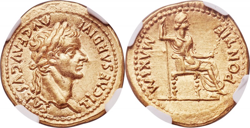 Tiberius (AD 14-37). AV aureus (19mm, 7.78 gm, 7h). NGC Choice AU S 5/5 - 4/5. L...