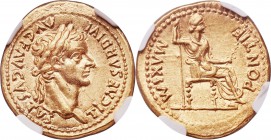 Tiberius (AD 14-37). AV aureus (19mm, 7.78 gm, 7h). NGC Choice AU S 5/5 - 4/5. Lugdunum. TI CAESAR DIVI-AVG F AVGVSTVS, laureate head of Tiberius righ...