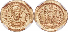 Marcian, Eastern Roman Empire (AD 450-457). AV solidus (21mm, 4.49 gm, 5h). NGC Gem MS 5/5 - 5/5, die shift. Constantinople, 7th officina. D N MARCIA-...