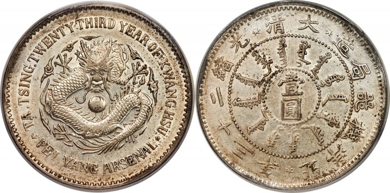 Chihli. Kuang-hsü Dollar Year 23 (1897) AU55 PCGS, KM-Y65.1, L&M-444. Long horn ...