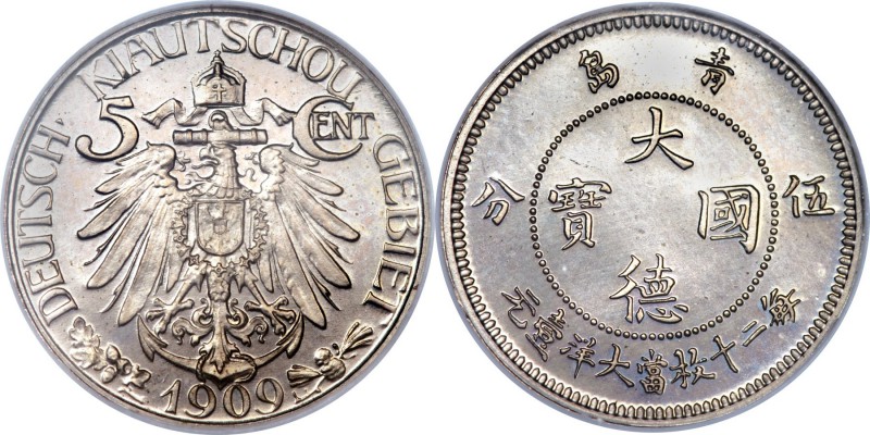 Kiau Chau. German Occupation Proof 5 Cents 1909 PR67 NGC, KM-Y1. Obv. Crowned Ge...
