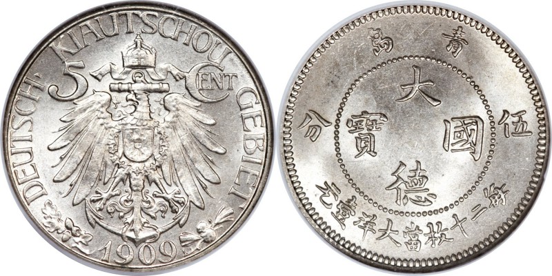 Kiau Chau. German Occupation 5 Cents 1909 MS66 NGC, KM-Y1. A fabulous example wi...