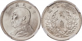 Republic Yuan Shih-kai 20 Cents Year 3 (1914) MS65 NGC, KM-Y327, L&M-65. Fully radiant, the surfaces of this well-preserved jewel beam with full inten...