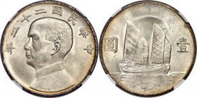 Republic Sun Yat-sen "Junk" Dollar Year 22 (1933) MS64 NGC,  KM-Y345, L&M-109. Satiny and lightly silver-toned, with a subtle ring of golden amber fra...