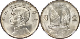 Republic Sun Yat-sen "Junk" Dollar Year 22 (1933) MS64 NGC,  KM-Y345, L&M-109. The fields of this high quality specimen are rich with mint luster flow...