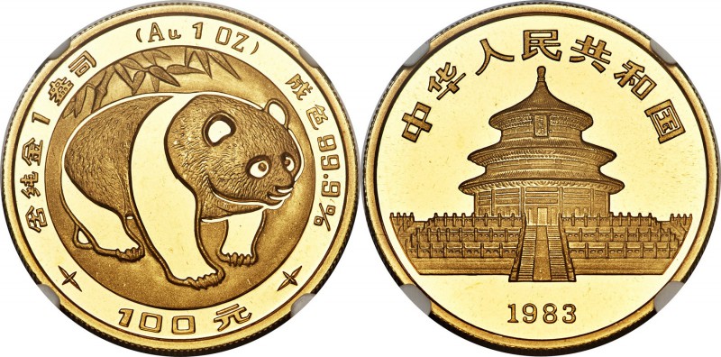 People's Republic gold Panda 100 Yuan (1 oz) 1983 MS69 NGC, KM72. Mintage: 13,53...