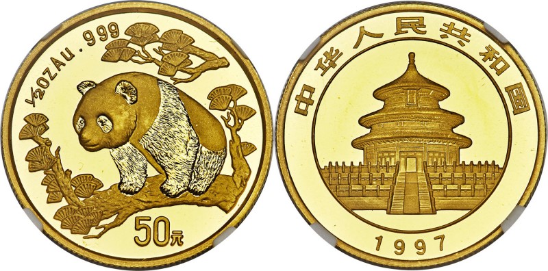 People's Republic gold "Large Date" Panda 50 Yuan (1/2 oz) 1997 MS70 NGC, KM990,...