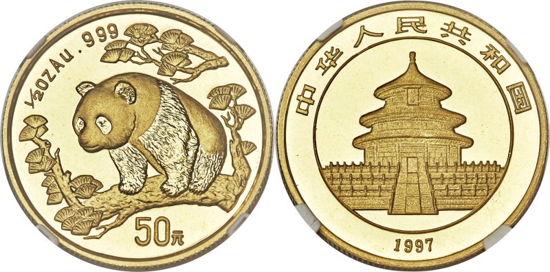 People's Republic gold "Small Date" Panda 50 Yuan (1/2 oz) 1997 MS69 NGC, KM990,...