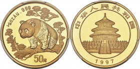 People's Republic gold "Large Date" Panda 50 Yuan (1/2 oz) 1997 MS69 PCGS, KM990, PAN-280A. Attractively toned to a deep sunset orange, adding a touch...