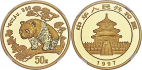 People's Republic gold "Large Date" Panda 50 Yuan (1/2 oz) 1997 MS69 NGC, KM990, PAN-280A. Commendable as a representative of the type, the nearly unb...