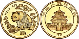 People's Republic gold "Small Date" Panda 100 Yuan (1 oz) 1997 MS69 PCGS, Shenyang mint, KM991, Fr-B4, PAN-279A. Nearly dripping with golden luster, t...