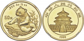 People's Republic gold "Small Date" Panda 50 Yuan (1/2 oz) 1998 MS69 NGC, KM1129, PAN-304A. A laudable offering of this more difficult date, bright an...
