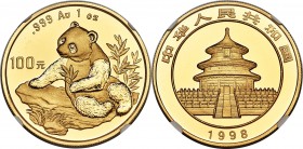 People's Republic gold "Large Date" Panda 100 Yuan (1 oz) 1998 MS68 NGC, KM1130, PAN-303B. Only the most minute instances of handling preclude a perfe...