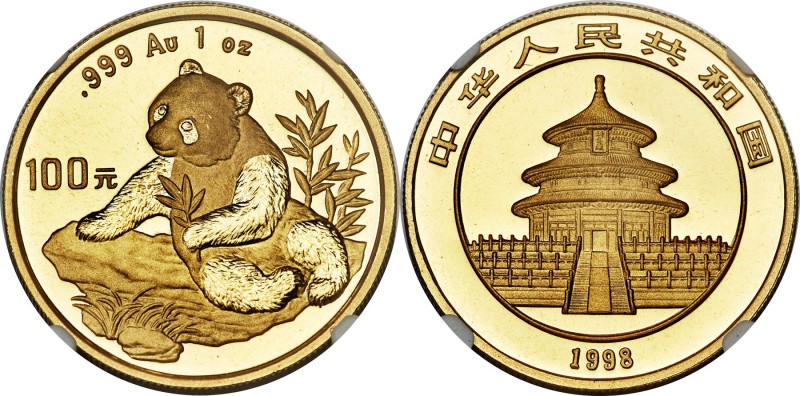 People's Republic gold "Small Date" Panda 100 Yuan (1 oz) 1998 MS68 NGC, KM1130,...