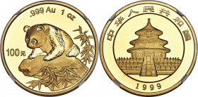 People's Republic gold "Large Date - Serif 1" Panda 100 Yuan (1 oz) 1999 MS69 NGC, Shenzhen Guobao mint, KM1221, PAN-316C. A pristine example with bol...