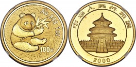People's Republic gold "Mirrored Ring" Panda 100 Yuan (1 oz) 2000 MS69 NGC, KM1307, Cheng page 274, #1, Pan-326B. Nearly perfectly frosted with a mirr...