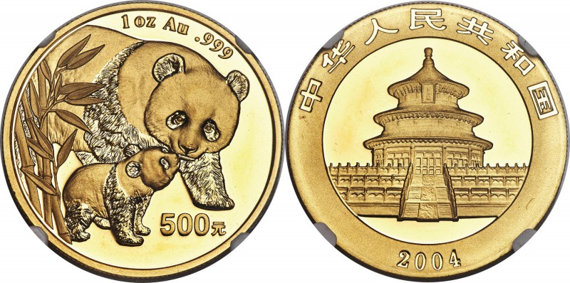 People's Republic gold Panda 500 Yuan (1 oz) 2004 MS68 NGC, KM1537, PAN-372A. Ap...