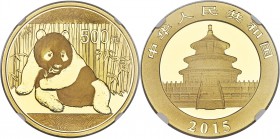 People's Republic gold "First Releases" Panda 500 Yuan (1 oz) 2015 MS70 NGC, KM-Unl., PAN-637A. A glittering panda emission with pulsating surface lig...