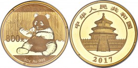 People's Republic gold Panda 800 Yuan (50 gm) 2017 UNC, KM-Unl. Struck in a mintage of 20,000 and sold encapsulated with COA #3941 and the deluxe wood...