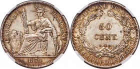 French Colony 50 Cents 1879-A MS62 NGC, Paris mint, KM6. An exceedingly sharp and handsome specimen which seems to hover very much on the edge of choi...