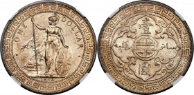 Victoria Trade Dollar 1895 MS63 NGC, KM-T5. This slightly glassy example is tinged with a light cupric undertone throughout, yielding an attractive an...