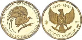 Republic Pair of Certified gold Proof Rupiah Issues 1974 Ultra Cameo NGC, 1) "Great Bird of Paradise" 2000 Rupiah - PR68, KM28 2) "Manjusri Statue" 50...