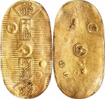 Tempo gold Koban (Ryo) ND (1837-1858) XF (scratches, light residue), Edo mint, KM-C22b, JNDA 09-21, Hartill-8.24 (ER). 32x60mm. 11.14gm. A noticeably ...