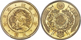 Meiji gold 5 Yen Year 3 (1870) MS62 PCGS, KM-Y11, JNDA 01-3. Bold scales, no borders. A shimmering representation of this scarce issue, struck in the ...