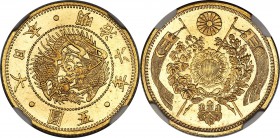Meiji gold 5 Yen Year 6 (1873) MS64 NGC, Osaka mint, KM-Y11a, Fr-47. Semi-prooflike, with sharp devices standing in bold contrast against flashy, ligh...