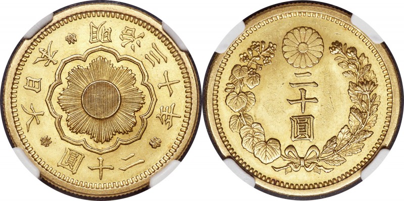 Meiji gold 20 Yen Year 30 (1897) MS63 NGC, Osaka mint, KM-Y34, Fr-50. Commendabl...