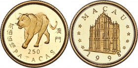 Portuguese Colony 3-Piece Uncertified gold "Year of the Tiger" Proof Set 1998, 1) 250 Patacas, KM89 2) 500 Patacas, KM90 3) 1000 Patacas, KM91 Royal m...