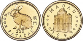 Portuguese Colony 3-Piece Uncertified gold "Year of the Rabbit" Proof Set 1999, 1) 250 Patacas, KM93 2) 500 Patacas, KM94 3) 1000 Patacas, KM95 Royal ...