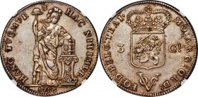 Dutch Colony. United East India Company 3 Gulden 1786 AU58 NGC, KM117, Scholten-61a. Variety with Pallas's hand resting on the Bible. Utrecht issue. A...