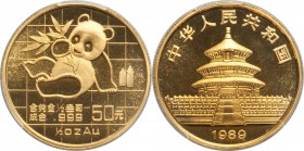 People's Republic gold "Small Date" Panda 50 Yuan (1/2 oz) 1989 MS69 PCGS,  KM226, PAN-96A.

HID09801242017