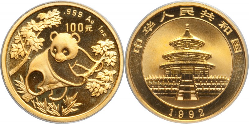 People's Republic gold "Large Date" Panda 100 Yuan (1 oz) 1992 MS69 PCGS, KM395,...