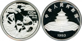 People's Republic silver Proof Panda 100 Yuan (12 oz) 1993, KM480, Pan-196A, Cheng page 129, 1. Mintage: 2,000. A heavily frosted example still housed...