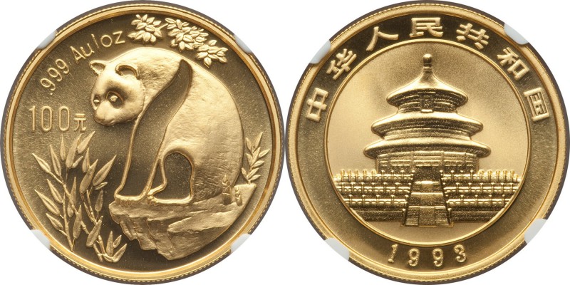People's Republic gold "Large Date" Panda 100 Yuan (1 oz) 1993 MS69 NGC, Shangha...