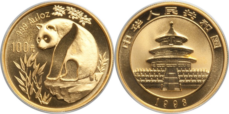 People's Republic gold "Small Date" Panda 100 Yuan (1 oz) 1993 MS69 PCGS, Shenya...