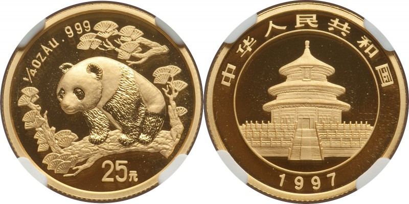 People's Republic gold "Large Date" Panda 25 Yuan (1/4 oz) 1997 MS69 NGC, KM989,...