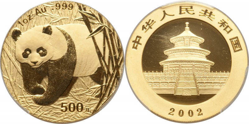 People's Republic gold "Low Letters" Panda 500 Yuan (1 oz) 2002 MS69 PCGS, KM146...
