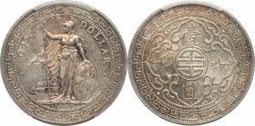 Edward VII Trade Dollar 1902-B AU58 PCGS, Bombay mint, KM-T5, Prid-13. Stunning crimson red highlights accentuate Britannia's figure while lapis lazul...