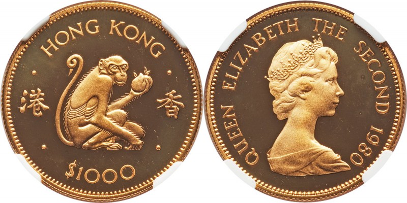 British Colony. Elizabeth II gold Proof "Year of the Monkey" 1000 Dollars 1980 P...