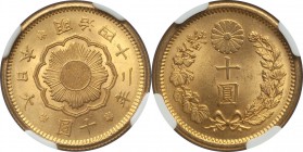 Meiji gold 10 Yen Year 42 (1909) MS64 NGC, KM-Y33. Fully satiny and bright sun gold, only some minor evidence of stacking friction bounding the assign...