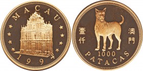 Portuguese Colony gold Proof "Year of the Dog" 1000 Patacas 1994,  Royal mint, KM69. Estimated Mintage: 4,500. Comes with case of issue and COA #405. ...